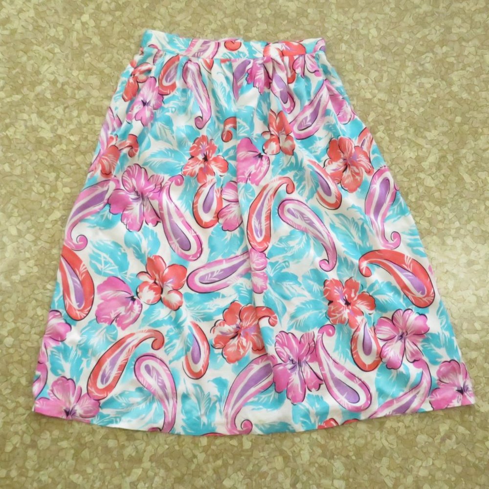 1980s Floral Rayon Midi Skirt Medium 31 Waist Vintage FLAWS